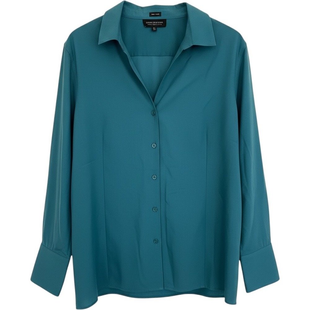 Jones New York Button Down Shirt Woman Teal Non-Iron French Cuff Officewear 22 W